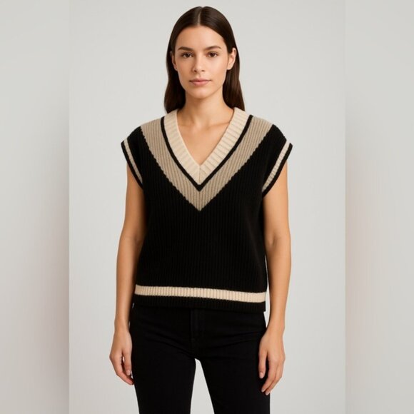 Smash + Tess Sleeveless Knit Sweater Vest Size S/P Black Beige Stripe Trim - Picture 1 of 6